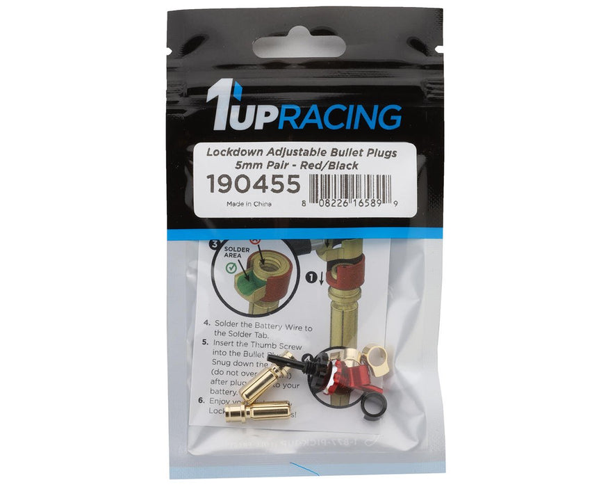 190455 1UP Racing "Lockdown" Adjustable Bullet Plug Grips w/5mm Bullets (Red/Black)