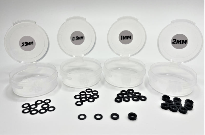 GRC510 1/10th Scale Ball Stud Washer Multipack 3x6mm (40PCS BLACK ALUMINUM) 3mmID, 6mmOD, 10pcs each (0.25mm, 0.5mm, 1mm, 2mm)