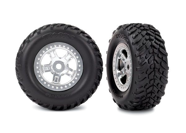 7073 - Tires and wheels, assembled, glued (SCT satin chrome wheels, SCT off-road racing tires, foam inserts) (1 each, right & left)