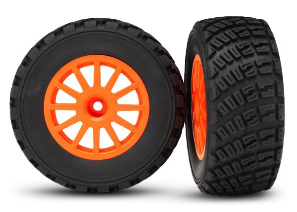 7473A Traxxas Tires & wheels, assembled, glued (orange wheels, gravel pattern tires, foam inserts) (2) (TSM® rated)