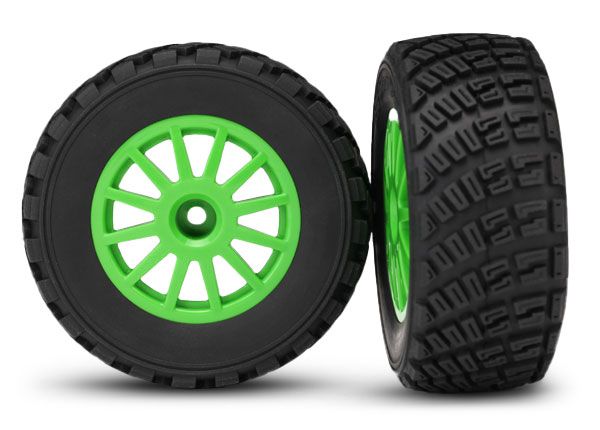 7473X Traxxas Tires & wheels, assembled, glued (green wheels, gravel pattern tires, foam inserts) (2) (TSM® rated)