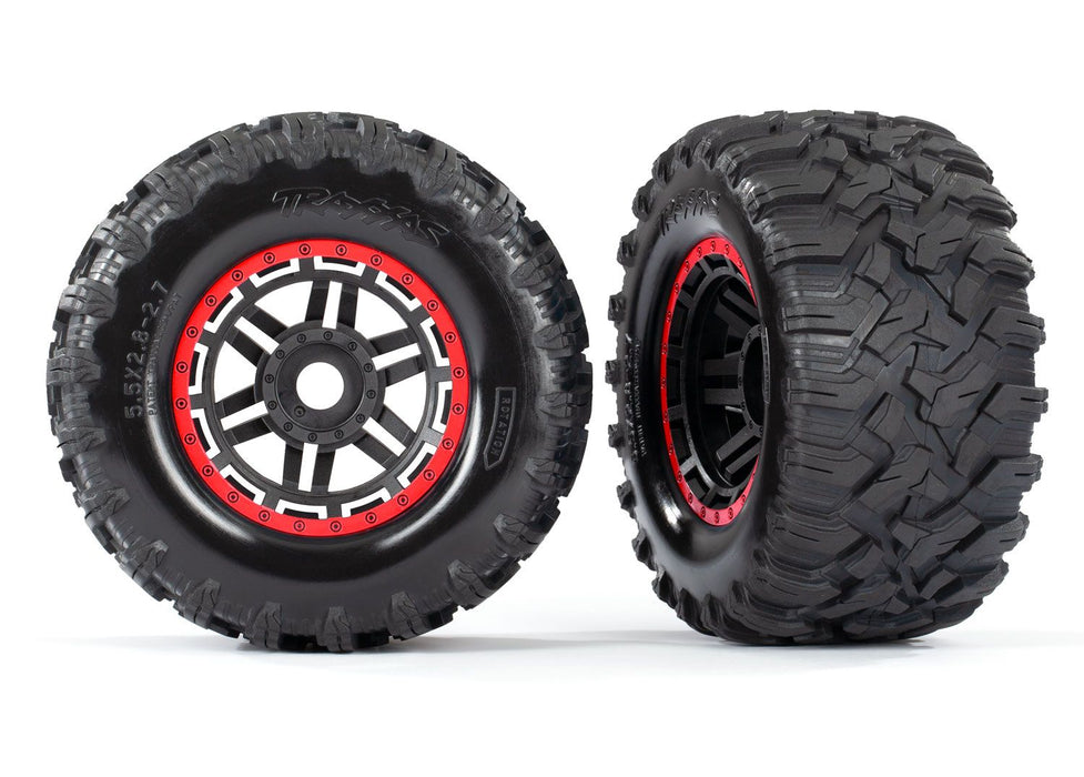 8972R TraxxasTires & wheels, assembled, glued (black, Red beadlock style wheels, Maxx