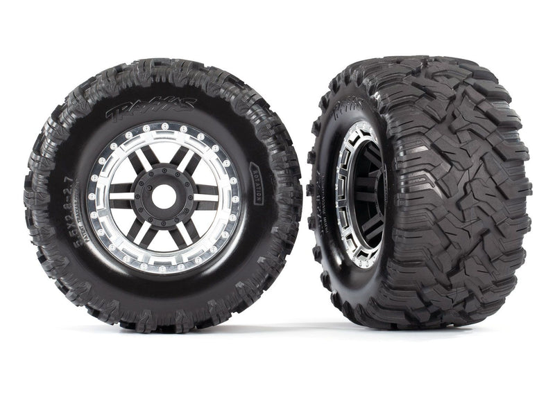 8972X TraxxasTires & wheels, assembled, glued (black, satin chrome beadlock style wheels, Maxx