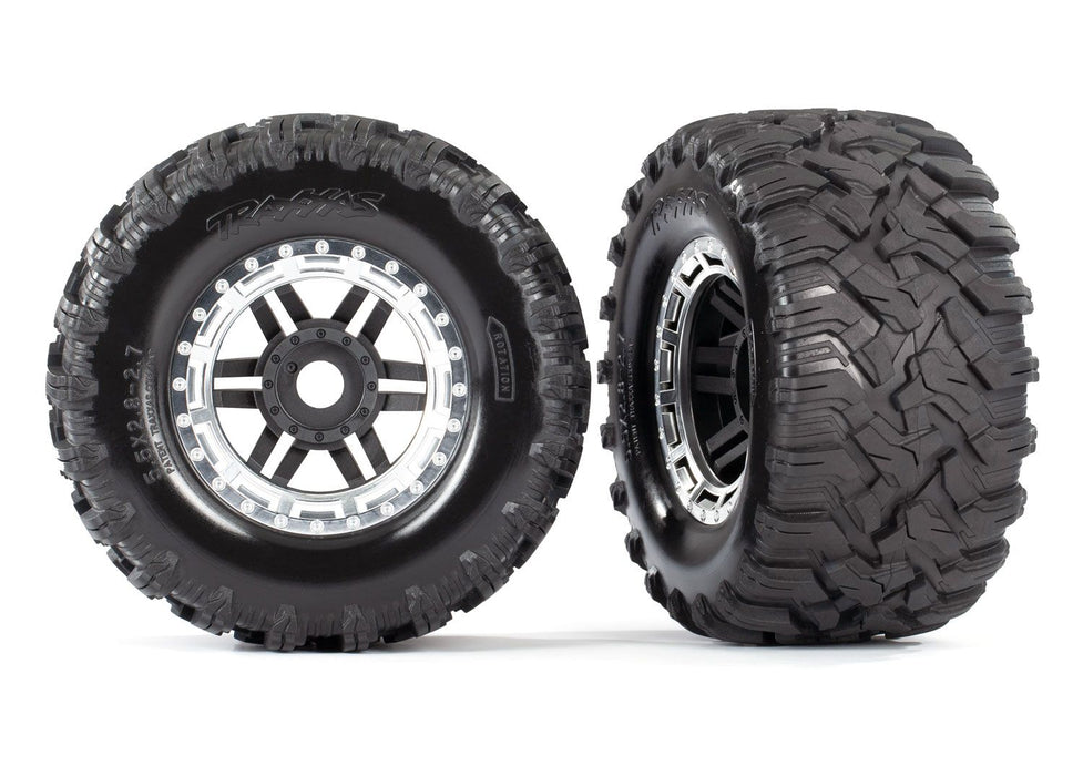 8972X TraxxasTires & wheels, assembled, glued (black, satin chrome beadlock style wheels, Maxx