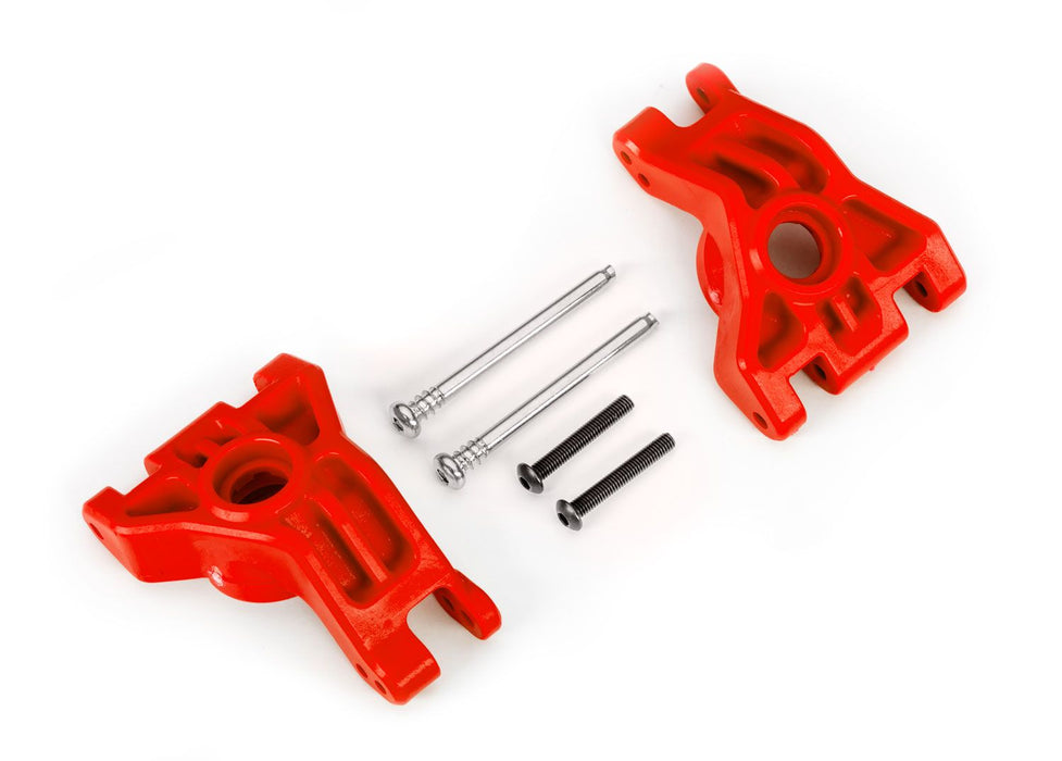 9050R Traxxas Carriers, stub axle, rear, extreme heavy duty, red (left & right)/ 3x41mm hinge pins (2)/ 3x20mm BCS (2) (for use with #9080 upgrade kit)