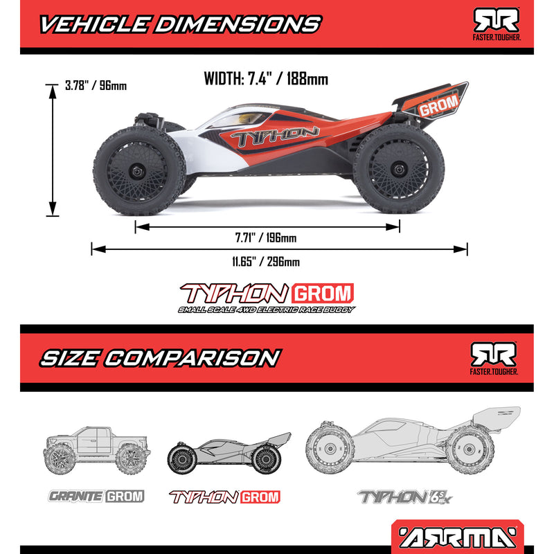 ARA2106T ARRMA TYPHON GROM MEGA 380 Brushed 4X4 Small Scale Buggy RTR with Battery & Charger, Red/White Blue/Silver
