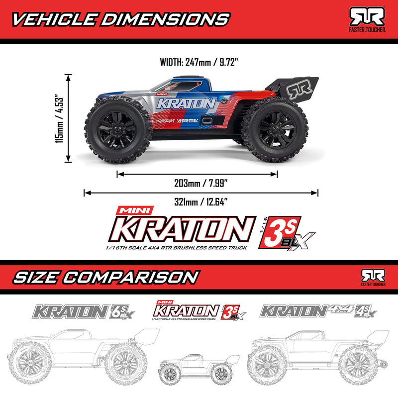 ARA2508T1 ARRMA 1/16 MINI KRATON 3S DSC 4X4 RTR Brushless Speed Truck , Black/Red