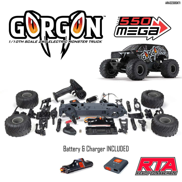 ARA3230SKT1 Arrma 1/10 GORGON 2WD RTA Kit Brushed Monster Truck (Battery & Charger Included), Gun Metal
