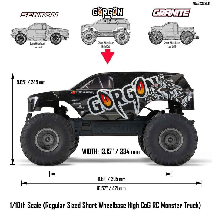 ARA3230SKT1 Arrma 1/10 GORGON 2WD RTA Kit Brushed Monster Truck (Battery & Charger Included), Gun Metal
