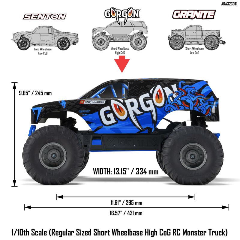 Arrma ARA3230T1 1/10 GORGON 4X2 MEGA 550 Brushed Monster Truck RTR, BLUE
