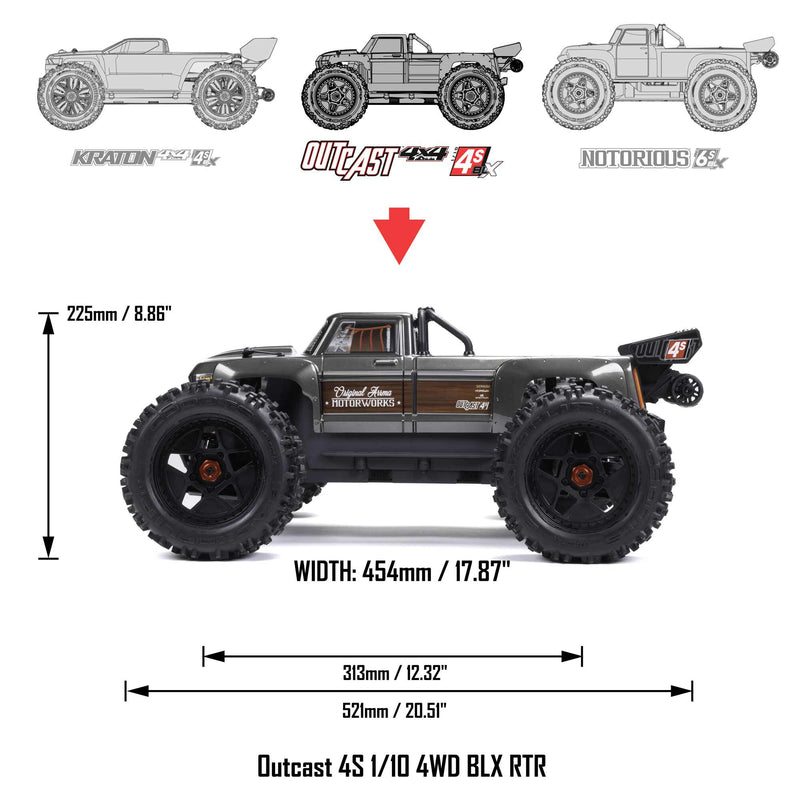 ARA4410V2T Arrma 1/10 OUTCAST 4S 4X4 RTR Brushless Stunt Truck, Red