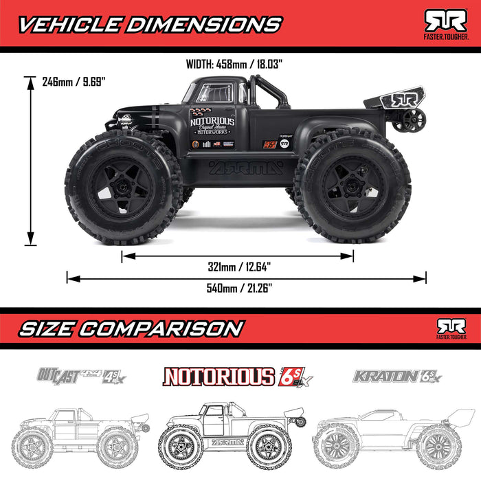 ARA8611V6T Arrma 1/8 NOTORIOUS 6S 4X4 RTR Brushless Stunt Truck, Black