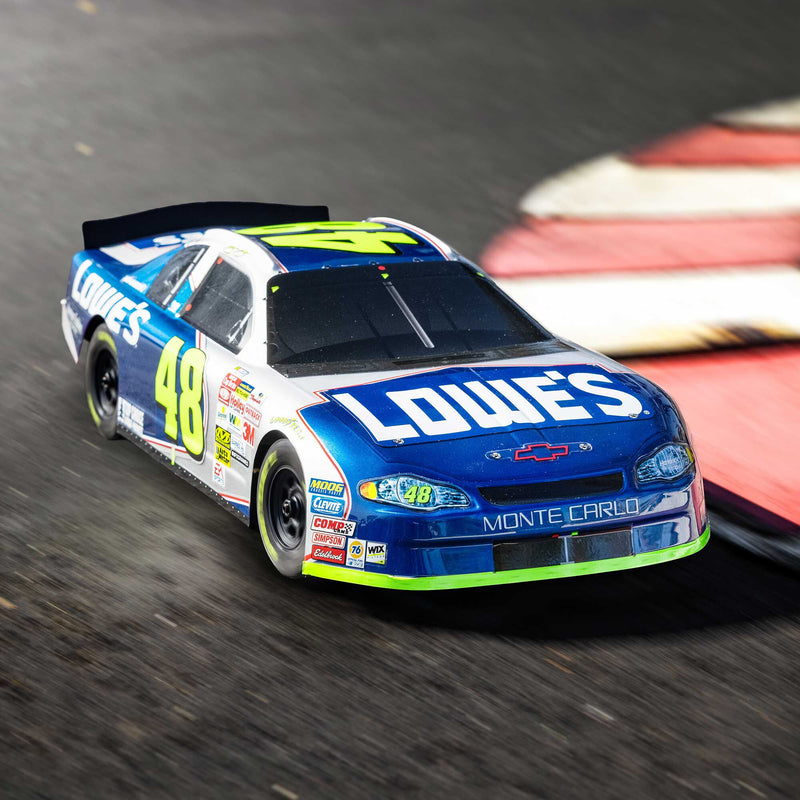 LOS1120248 Losi 1/12 NASCAR RC Race Car Jimmie Johnson No. 48 Lowes Chevrolet Monte Carlo 2S AWD RTR Brushed On-Road (Battery & Charger Included), Blue