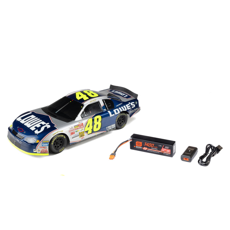 LOS1120248 Losi 1/12 NASCAR RC Race Car Jimmie Johnson No. 48 Lowes Chevrolet Monte Carlo 2S AWD RTR Brushed On-Road (Battery & Charger Included), Blue