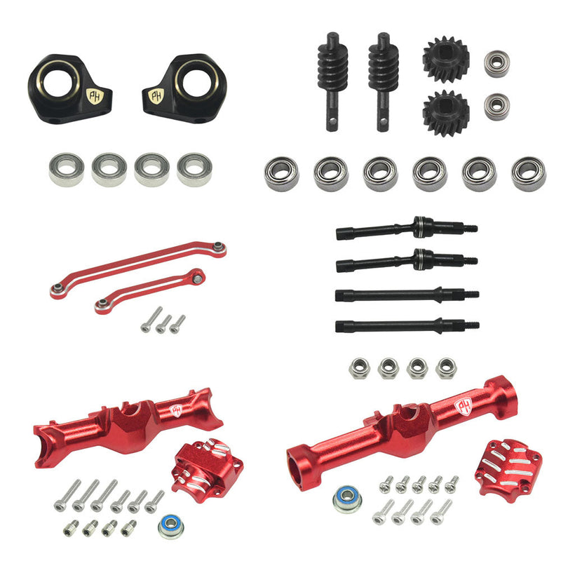 PHB7559Red Powerhobby Aluminum Front + Rear Complete Axles w Brass Upgrades Red Axial SCX30
