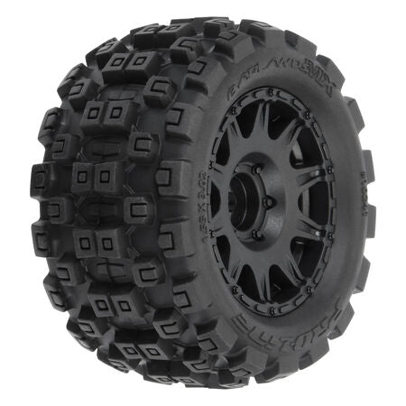 PRO1024110 PROLINE Badlands MX 1.85" All-Terrain Truck Tires (4) Mounted on Raid Black 12mm Hex Wheels for Granite GROM 4x4 Front or Rear