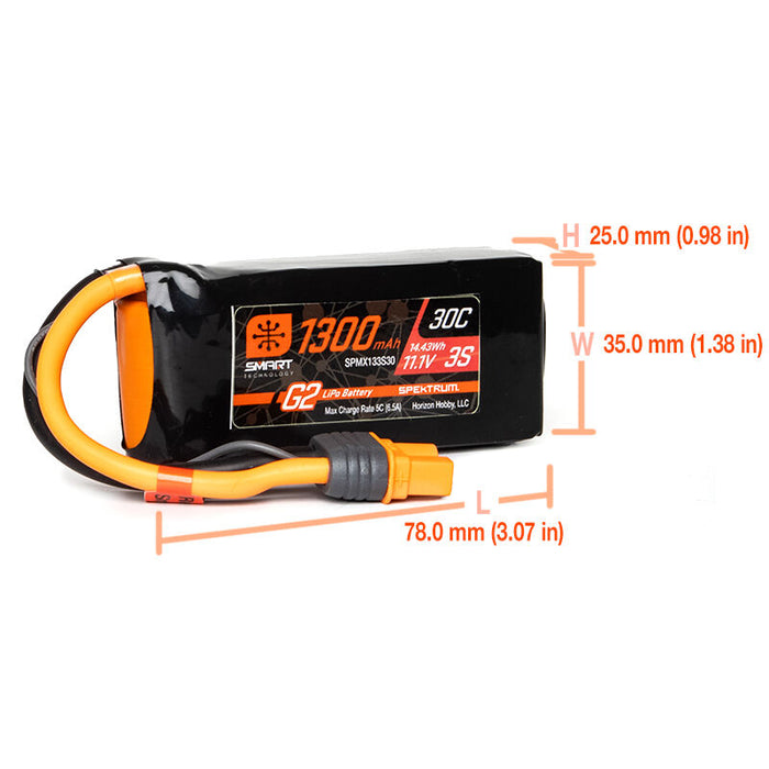 SPMX133S30 Spektrum 11.1V 1300mAh 3S 30C Smart G2 LiPo Battery: IC3