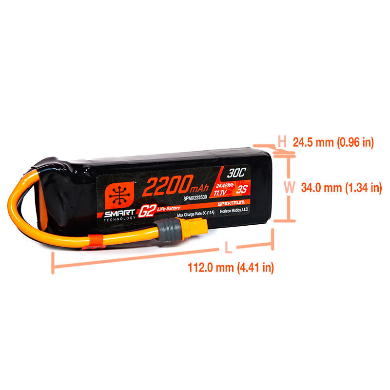SPMX223S30 Spektrum 11.1V 2200mAh 3S 30C Smart G2 LiPo Battery: IC3