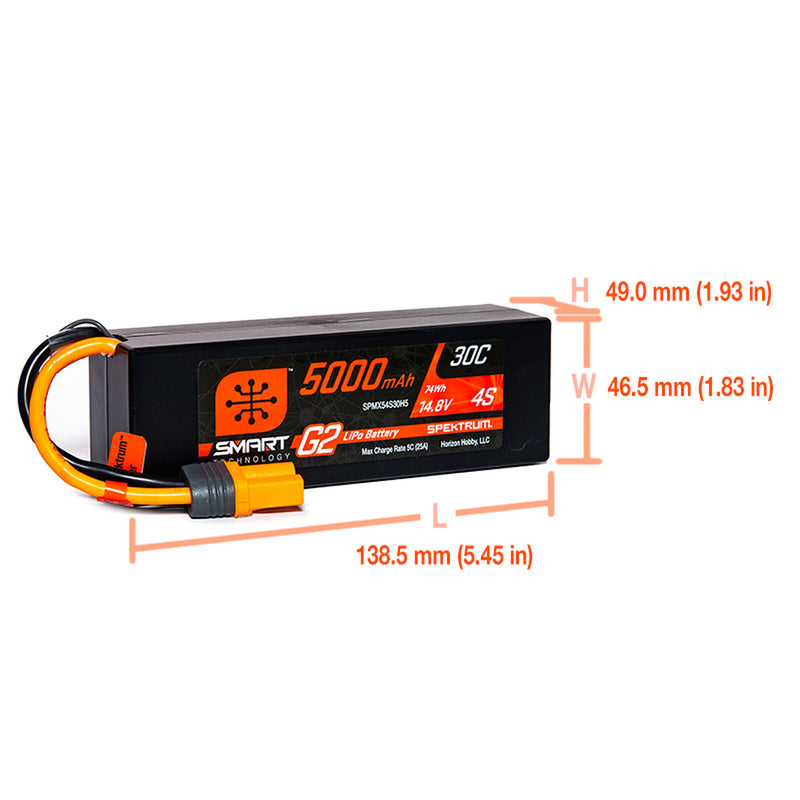 SPMX54S30H5 Spektrum 5000mAh 4S 14.8V Smart G2 LiPo 30C Hard Case; IC5
