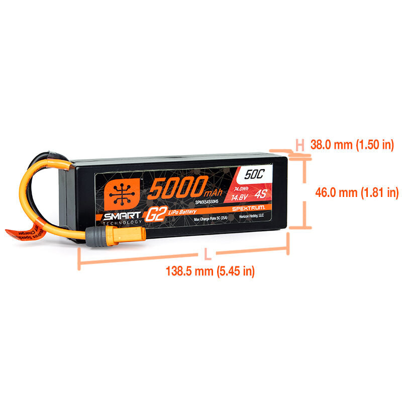 SPMX54S50H5 Spektrum 14.8V 5000mAh 4S 50C Smart G2 Hardcase LiPo Battery: IC5