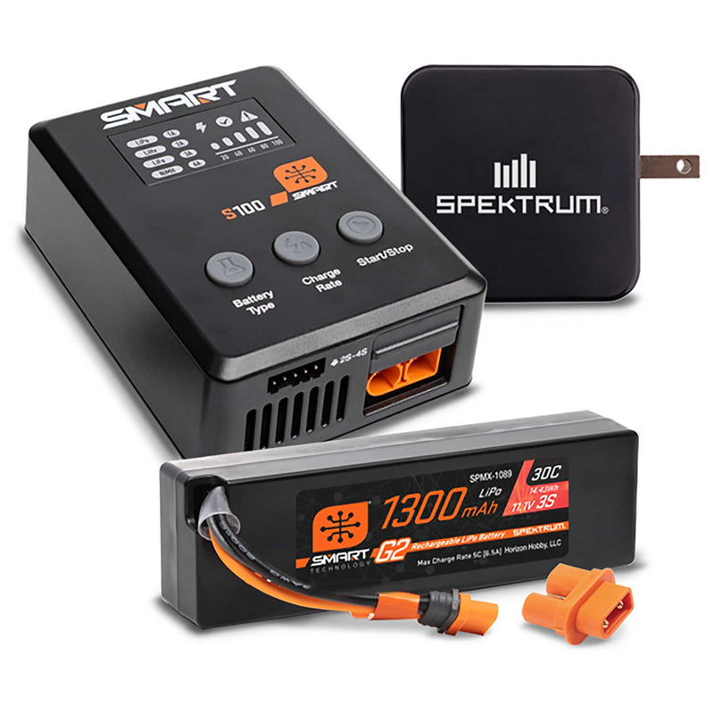 SPMXPSS315 Spektrum Smart Powerstage Bundle: 1300mAh 3S 30C LiPo Battery (IC2) / S100 Charger / 65W Power Supply / Adapter