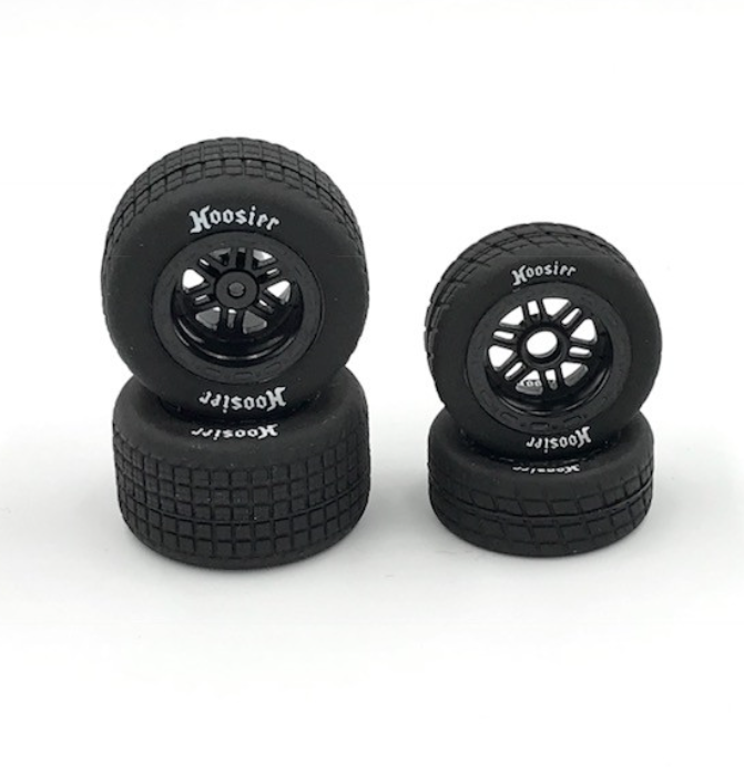 1RC5528 1RC FR/RR Tires & Black Wheels, Hoosier, 1/18 Midget (4)