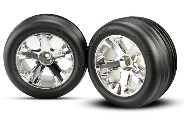 3771 - Traxxas Tires & wheels, assembled, glued (2.8')(All-Star chrome wheels, Ribbed tires