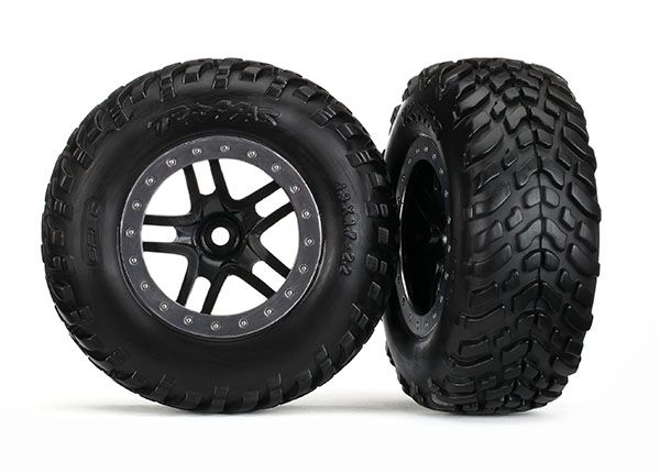 5889R Traxxas Tires & wheels, assembled, glued (S1 compound) (SCT Split-Spoke black, satin chrome