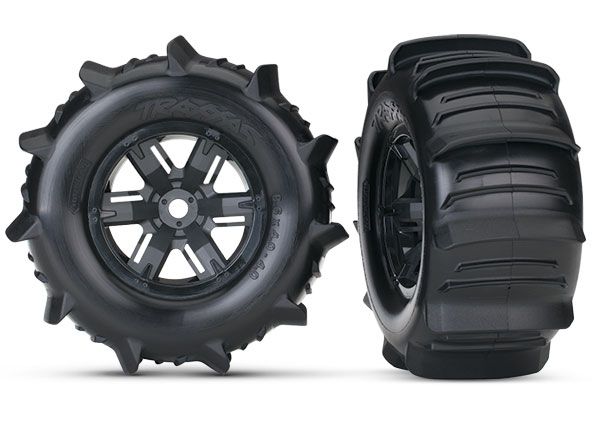 7773 Traxxas T&W assembled X-Maxx black wheels, paddle tires