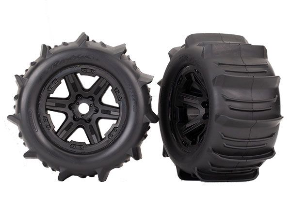 8674 Traxxas Tires & wheels, assembled, glued (black 3.8" wheels, paddle tires, foam inserts) (2) (TSM rated)