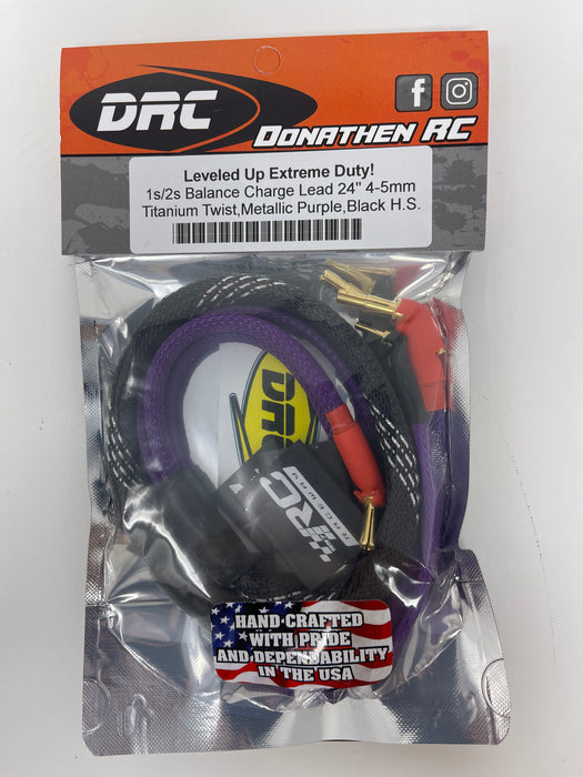 Donathen RC Leveled Up Extreme Duty!  1s/2s Balanced Charge Lead 24" 4-5mm Titanium Twist, Metallic Purple, Black