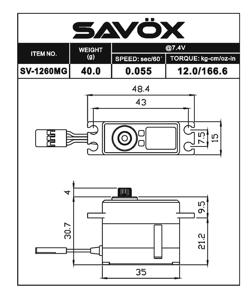 SAVSV1260MG Savox Mini Digital High Voltage Aluminum Case Servo 0.055sec / 167oz @ 7.4V