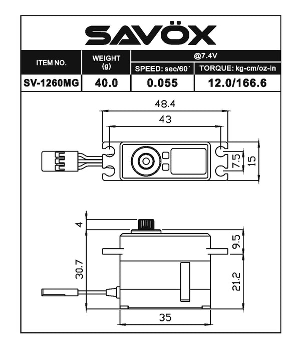 SAVSV1260MG Savox Mini Digital High Voltage Aluminum Case Servo 0.055sec / 167oz @ 7.4V