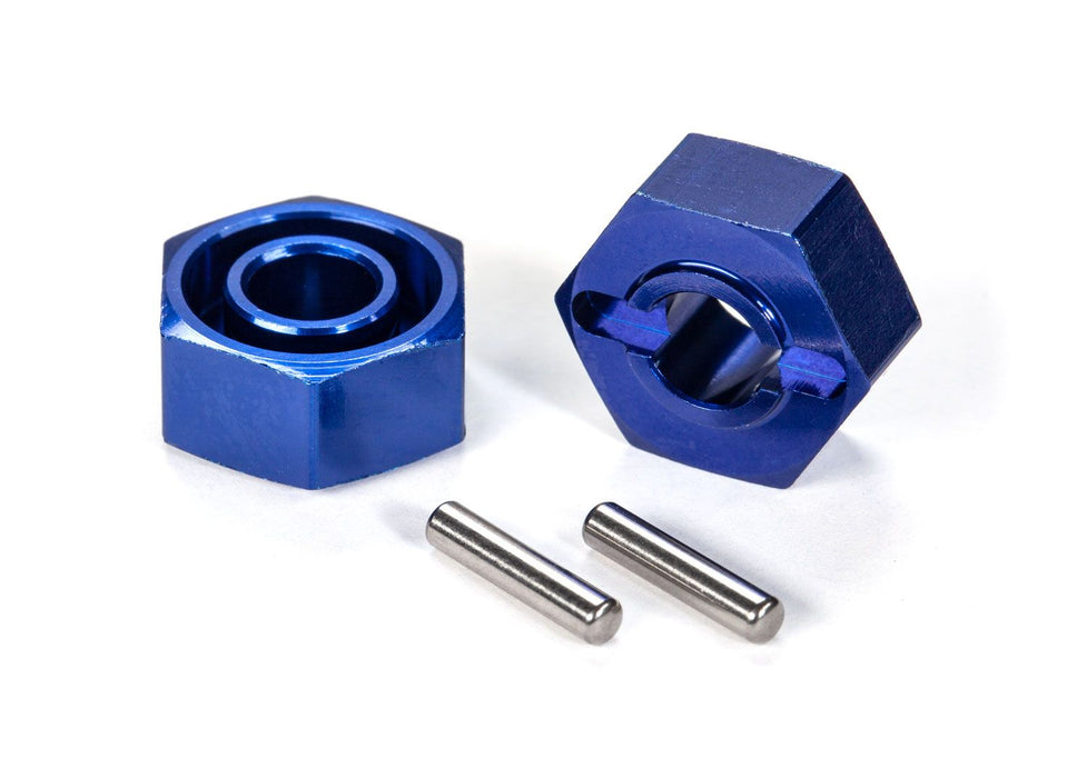 1654X - Traxxas Wheel hubs, hex (blue-anodized, lightweight aluminum) (2)/ axle pins(4)
