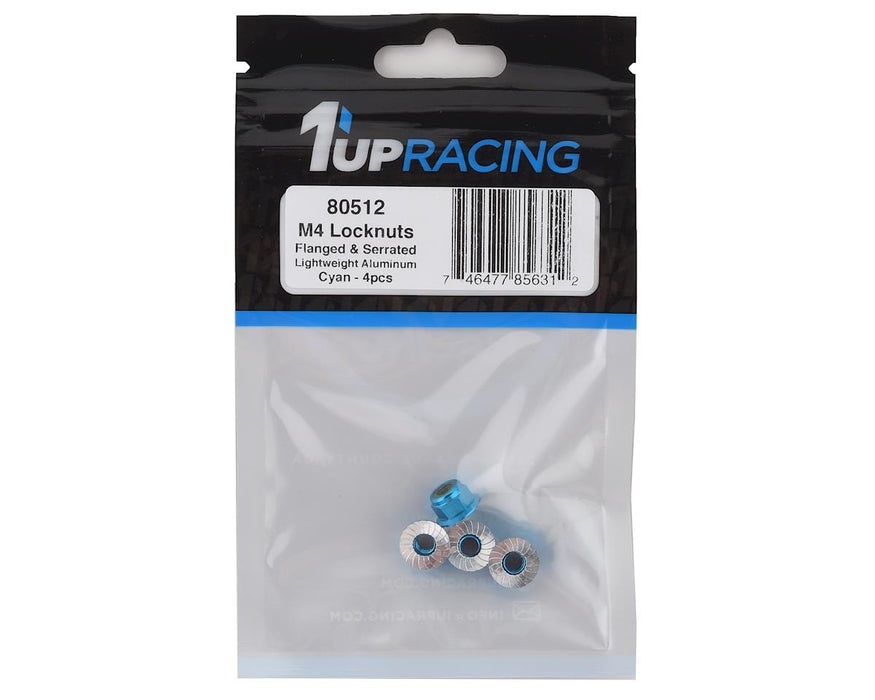 80512 - 1UP Racing 4mm Serrated Aluminum Locknuts (Blue) (4)