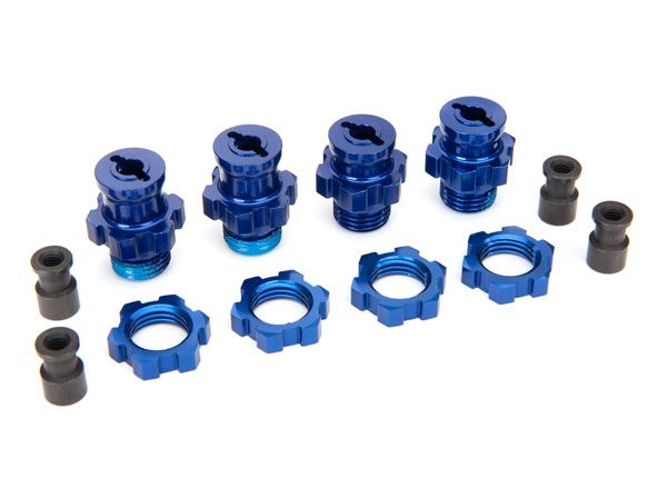 5853X - Trsaxxas Wheel hubs, splined, 17mm, short (2), long (2)/wheel nuts, splined, 17mm (4) (blue-anodized)/ hub retainer M4x0.7 (4)/axle pin (4)/wrench, 5mm