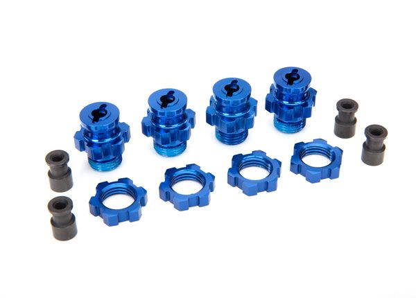 6856X - Wheel hubs, splined, 17mm, short (4)/ wheel nuts, splined, 17mm (4) (blue-anodized)/ hub retainer M4 X 0.7 (4)/ axle pin (4)/ wrench, 5mm