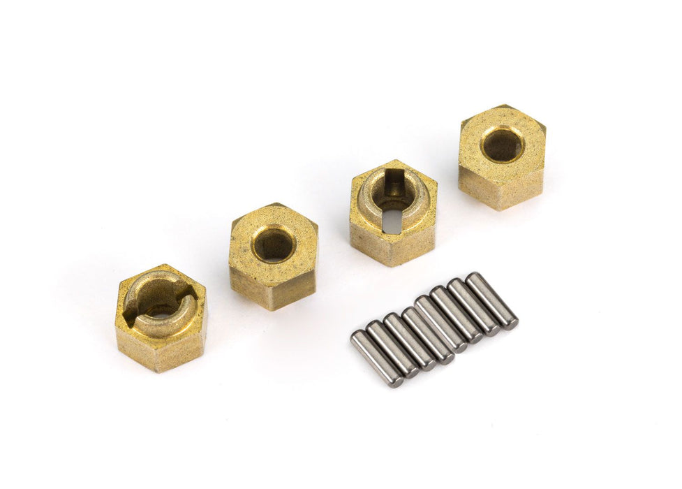 9750X Traxxas Wheel hubs, 7mm hex, brass (1 gram each) (4)/ axle pins (8)