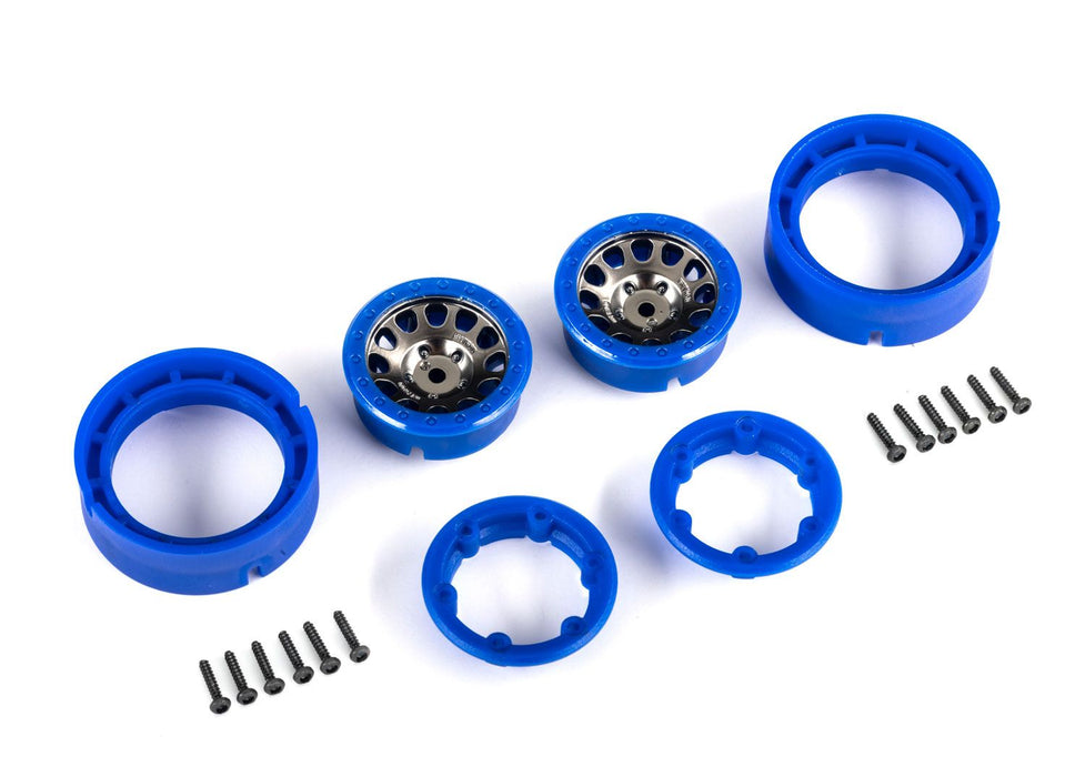 9781-BLKBL Traxxas wheels, 1.0'', method race wheels 105 beadlock (satin black chrome with blue beadlock) (2)