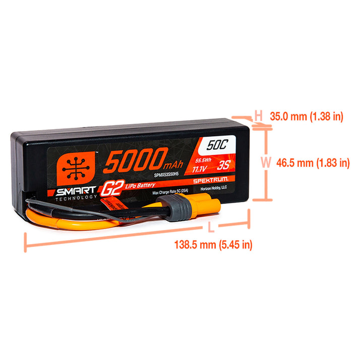 SPMX53S50H5 - Spektrum 11.1V 5000mAh 3S 50C Smart G2 Hardcase LiPo Battery: IC5