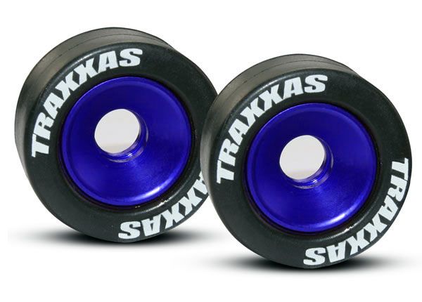5186A - Traxxas Wheels, aluminum (blue-anodized) (2) / 5x8mm ball bearings (4) / axles (2) / rubber tires (2)