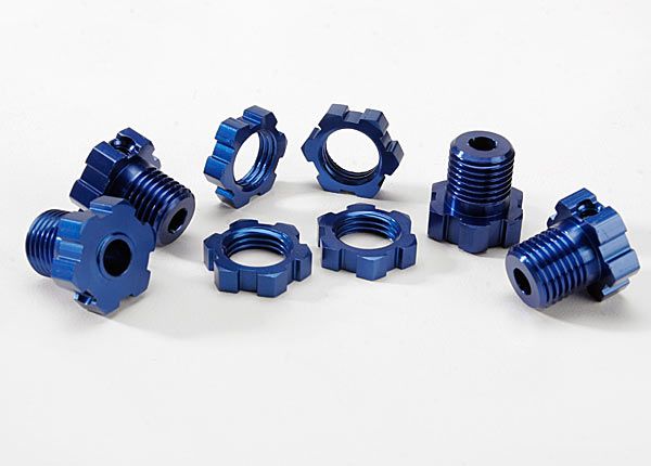 5353X - Wheel hubs, splined, 17mm (blue-anodized) (4)/ wheel nuts, splined, 17mm (blue-anodized) (4)/ screw pins, 4x13mm (with threadlock) (4)