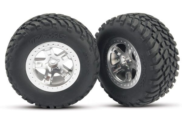 5875 - Traxxas Tires & wheels, assembled, glued (SCT, satin chrome wheels, beadlock type, (dual profile 2.2" outer 3.0" inner), SCT off-road tires, foam inserts) (2) (Front)