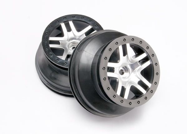 5876 Traxxas Wheels, SCT Split-Spoke, satin chrome, black beadlock style, dual profile