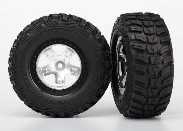 5880 Traxxas Tires & wheels, assembled, glued (SCT satin chrome, black beadlock style wheels, Kumho tires, foam inserts) (2) (4WD front/rear, 2WD rear only)