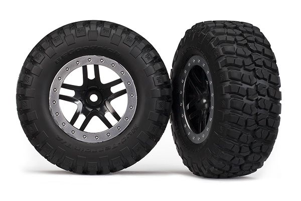 5883 Traxxas Tires & wheels, assembled, glued (SCT Split-Spoke, black, satin chrome beadlock wheels