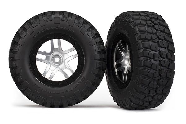 6873 - Tires & wheels, assembled, glued (SCT Split-Spoke satin chrome, black beadlock style wheels, BFGoodrich® Mud-Terrain™ T/A® KM2 tires, foam inserts) (2) (4WD f/r, 2WD rear) (TSM rated)