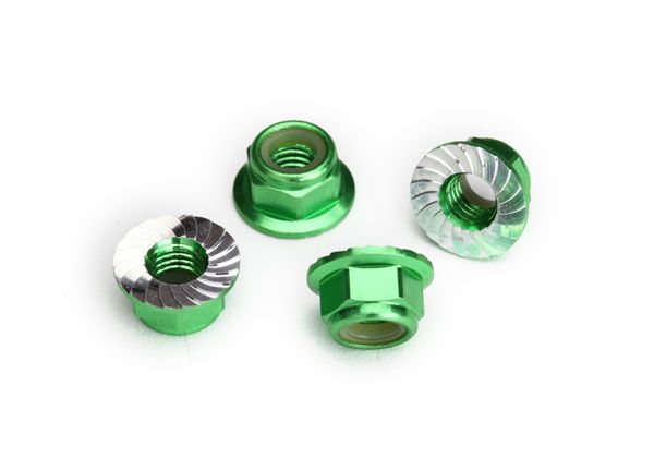 8447G - Nuts, 5mm flanged nylon locking (aluminum, green-anodized, serrated) (4)