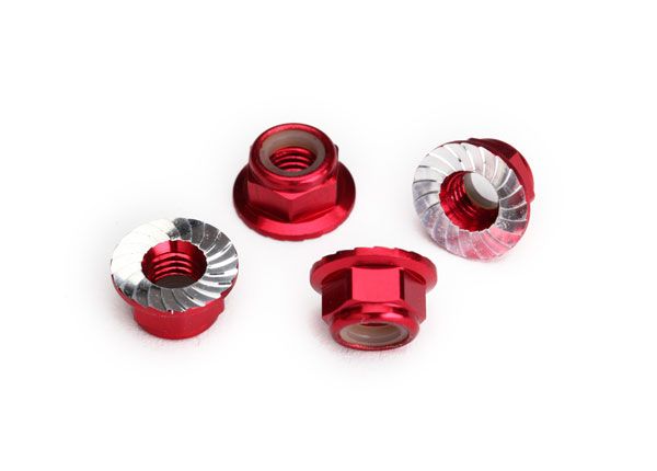 8447R - Nuts, 5mm flanged nylon locking (aluminum, red-anodized, serrated) (4)
