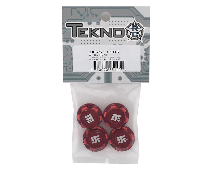 TKR5116BR - Tekno RC 17mm Aluminum "T Logo" Covered Serrated Wheel Nut (Red) (4)